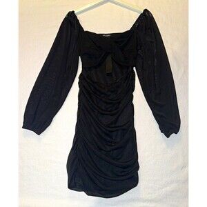 Love & Whimsy Black Ruched Sheer Mesh Bodycon Mini Dress Puff Sleeve S